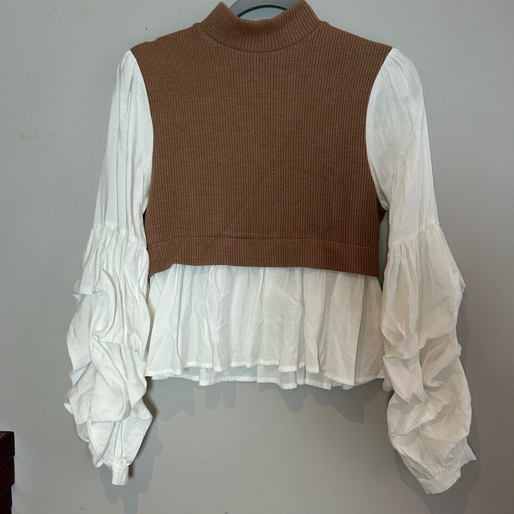 Anthropologie Tan and White Layered Blouse